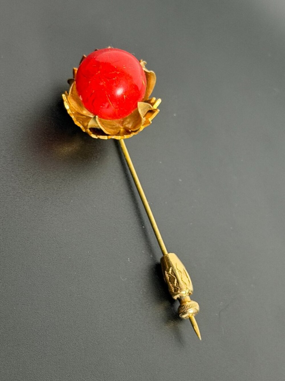 Vintage Red Crackle Glass Hat Pin Gold Tone Flower Stick Pin Victorian Revival